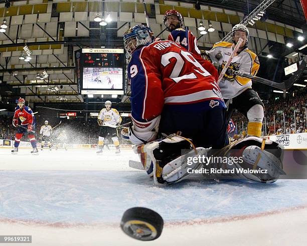 Brayden Schenn of the Brandon Wheat Kings , scores a goal on Nicola Riopel of the Moncton Wildcats during the 2010 Mastercard Memorial Cup Tournament...