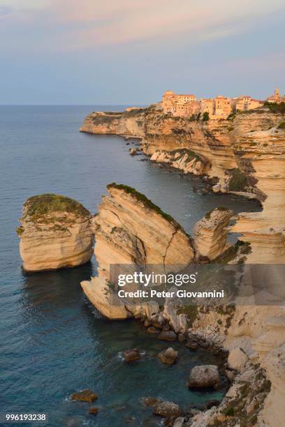 the medieval old town on the limestone cliff in the morning light, bonifacio, corse-du-sud, corsica, france - corse du sud stockfoto's en -beelden