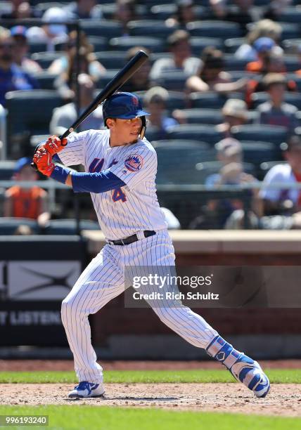 Wilmer Flores of the New York Mets in action against the Tampa Bay Rays during a game at Citi Field on July 8, 2018 in the Flushing neighborhood of...