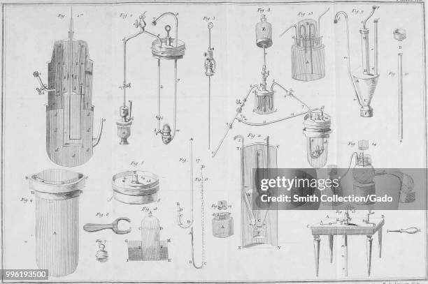 Black and white print illustrating scientific laboratory apparatus, from Lavoisier's "Traite elementaire de Chimie" or "Elementary Treatise of...