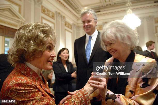 Annette Lantos, left, wife of Rep. Tom Lantos, D-Calif., greets Inge Genefke of the International Rehabilitation for Torture Victims, as actor Tim...