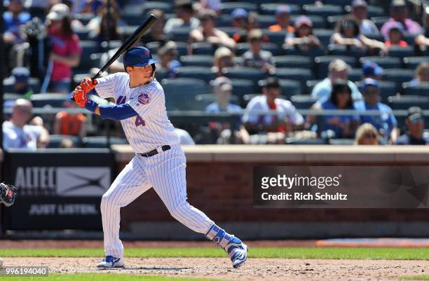 Wilmer Flores of the New York Mets in action against the Tampa Bay Rays during a game at Citi Field on July 8, 2018 in the Flushing neighborhood of...