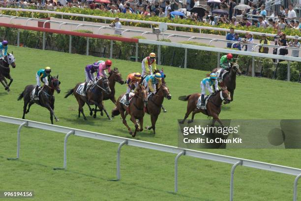 Jockey Gerald Mosse riding Thors Bolt wins Race 5 Regency Horse Handicap at Sha Tin racecourse during Season Finale race day on July 12 , 2015 in...