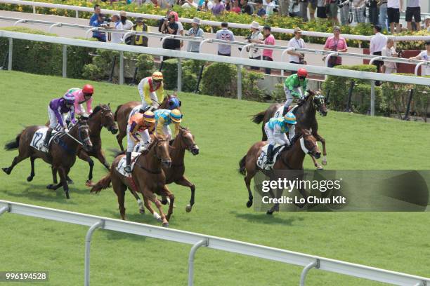 Jockey Gerald Mosse riding Thors Bolt wins Race 5 Regency Horse Handicap at Sha Tin racecourse during Season Finale race day on July 12 , 2015 in...