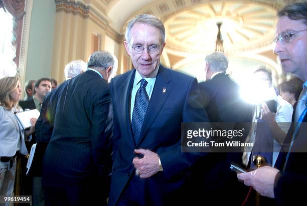 Senate Minority Leader Harry Reid, D-Nev., leaves a news conference announcing former Defense Secretary William Perry will be chairman of the House...