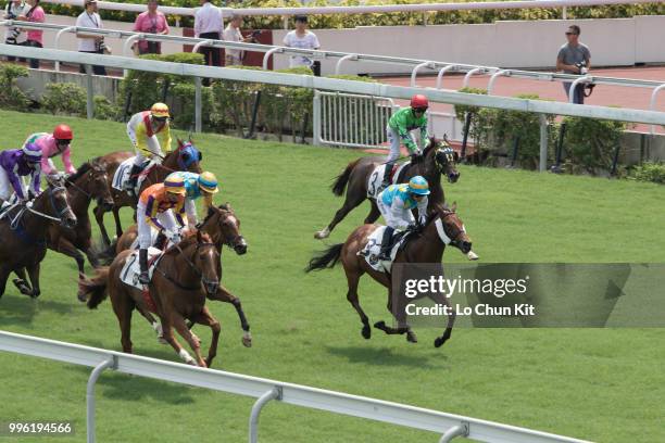 Jockey Gerald Mosse riding Thors Bolt wins Race 5 Regency Horse Handicap at Sha Tin racecourse during Season Finale race day on July 12 , 2015 in...