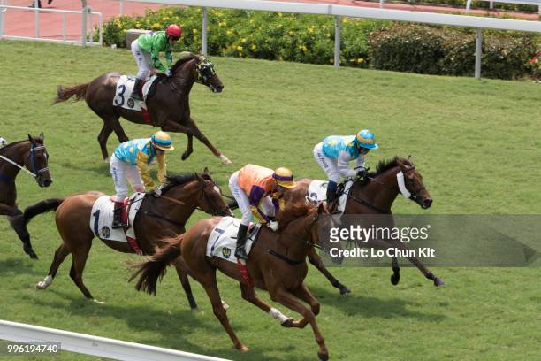 Jockey Gerald Mosse riding Thors Bolt wins Race 5 Regency Horse Handicap at Sha Tin racecourse during Season Finale race day on July 12 , 2015 in...