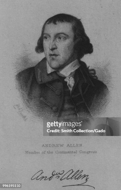 Black and white print of lawyer, Pennsylvania delegate to the Second Continental Congress, and later loyalist, Andrew Allen, depicted from the chest...