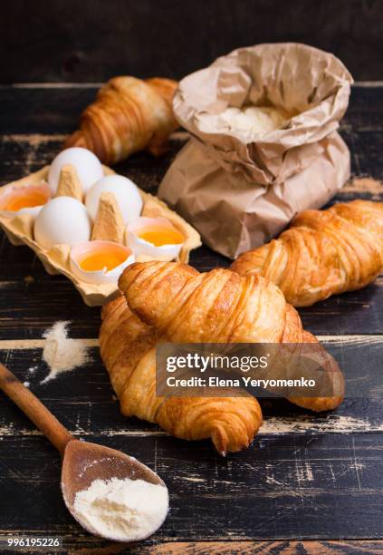 croissants, flour, eggs, spoon, rolling pin - rolling pin stock-fotos und bilder