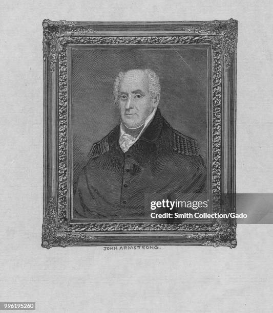 Black and white print of US soldier, civil engineer, and Pennsylvania delegate to the Continental Congress, John Armstrong Sr, depicted from the...