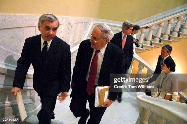 Sens. Jack Reed, D-R.I., left, and Carl Levin, D-Mich., make their way to the Senate Studio to discuss their amendment Defense Authorization bill....