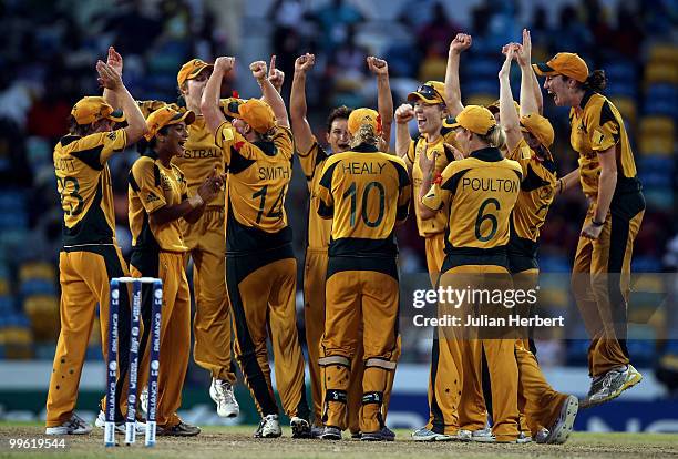 Australian players prematurely celebrate the wicket Rachel Priest after a mistake by the 3rd umpire during the ICC Womens World Twenty20 Final...