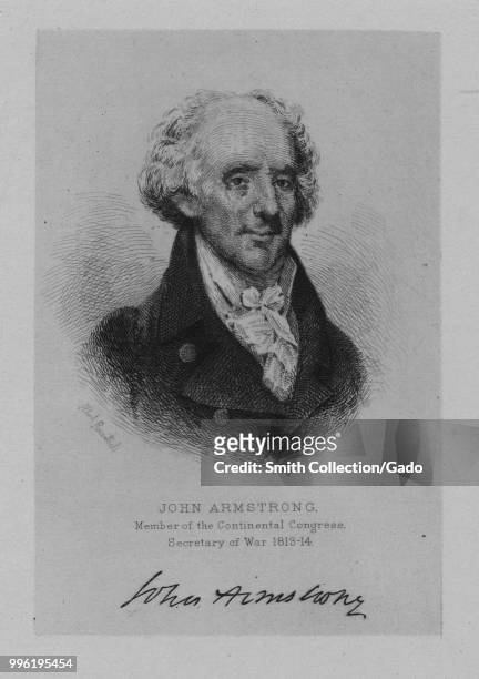 Black and white print of US Senator, New York delegate to the Continental Congress, and War Secretary, John Armstrong Jr, depicted from the chest up,...