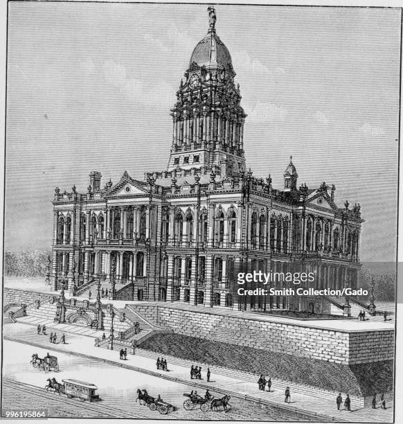 Black and white print illustrating an angled view of the Douglas County Courthouse, a multi-level French Renaissance Revival structure with a tall...