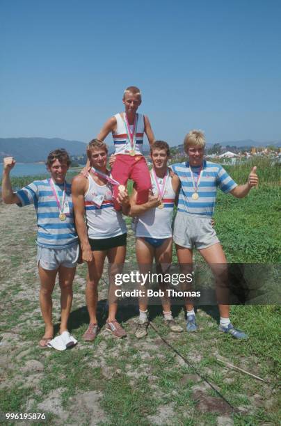 British rowers, from left, Martin Cross, Steve Redgrave, cox Adrian Ellison, Andy Holmes and Richard Budgett of the Great Britain team, pictured...