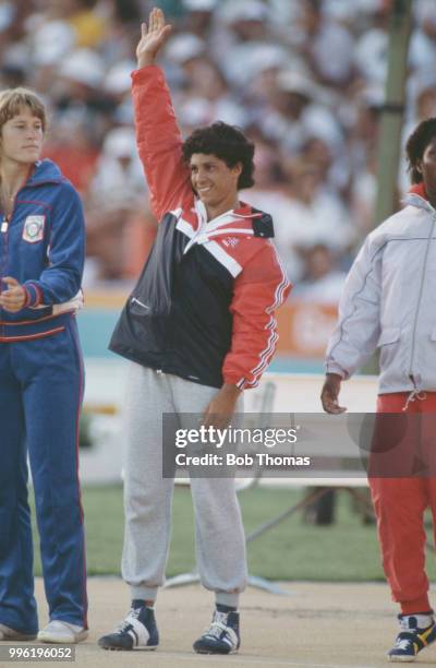 English javelin thrower Fatima Whitbread of the Great Britain team waves to the crowd after finishing in third place to win the bronze medal in the...