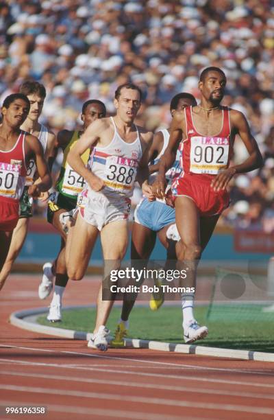 American athlete Johnny Gray of the United States team leads Steve Ovett of Great Britain in heat 3 of the quarterfinals of the Men's 800 metres...