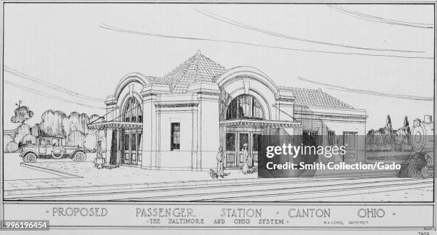 Black and white print depicting a Romanesque Revival railway station, with wide entrance arches and a barrel-tile roof, captioned "proposed passenger...