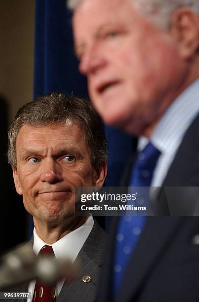 Sens. Tom Daschle, D-S.D., and Ted Kennedy, D-Mass., attend a news conference reacting to the passage of the Medicare Bill.