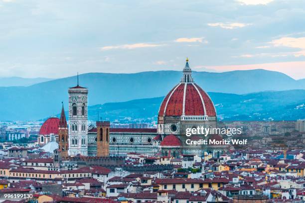 panoramic view of the city with florence cathedral, duomo santa maria del fiore with the dome by brunelleschi, unesco world heritage site, dusk, florence, tuscany, italy - fiore stock pictures, royalty-free photos & images