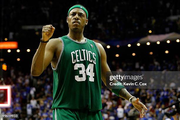 Paul Pierce of the Boston Celtics celebrates after the Celtics won 92-88 against the Orlando Magic in Game One of the Eastern Conference Finals...