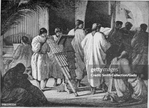 Black and white print depicting a congregation of South American Indigenous Peoples, wearing white robes and playing a variety of instruments,...