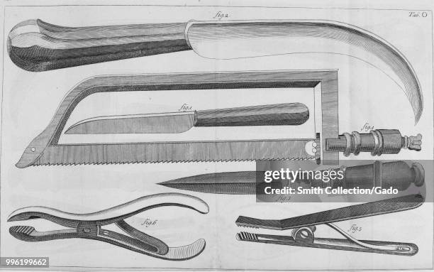 Black and white print illustrating a variety of instruments used to amputate the upper and lower extremities, from Gerard van Swieten's "The...