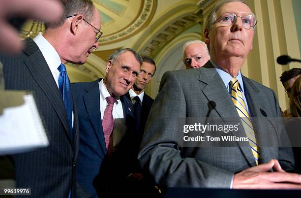 From left, Sens. Lamar Alexander, R-Tenn., Jon Kyl, R-Ariz., John Thune, R-S.D., John Cornyn, R-Texas, and Mitch McConnell, R-Ky., listen to a...