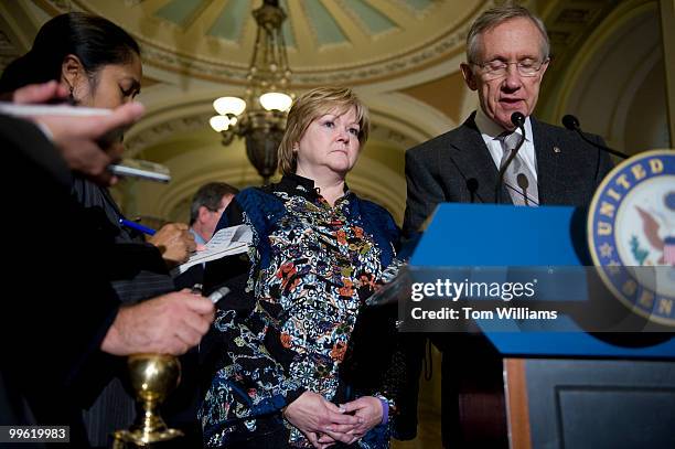 Judy Shepard, mother of Matthew Shepard, a Wyoming college student who was killed because he was gay, appears with Sen. Harry Reid, D-Nev., after the...