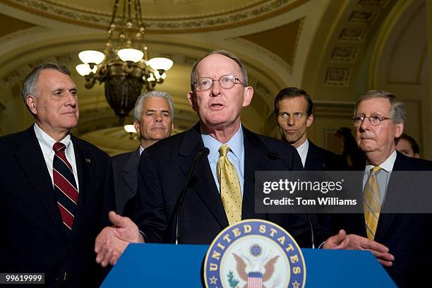 From left, Sens. Jon Kyl, R-Ariz., John Ensign, R-Nev., Lamar Alexander, R-Tenn., John Thune, R-S.D., and Senate Minority Leader Mitch McConnell,...