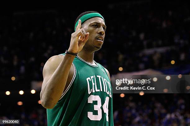 Paul Pierce of the Boston Celtics celebrates after the Celtics won 92-88 against the Orlando Magic in Game One of the Eastern Conference Finals...