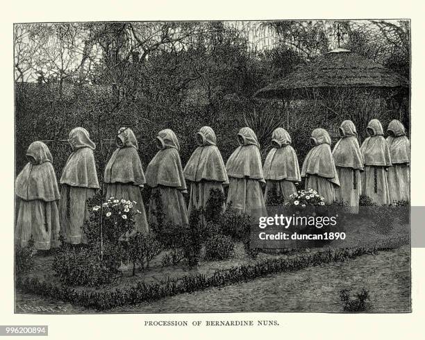 procession of bernardine nuns, 19th century - nun stock illustrations