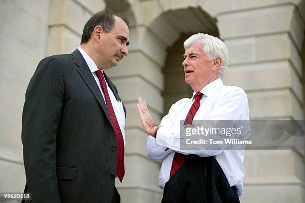 David Axelrod, White House senior advisor, speaks with Sen. Chris Dodd, D-Conn., after being on the Hill to meet with House and Senate Democrats,...