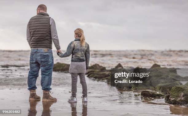 single father and his daughter playing family games on a winter beach - widower stock pictures, royalty-free photos & images