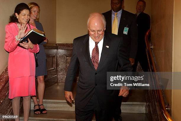 Sen. Olympia Snowe, R-Me., waves to Vice President Dick Cheney as he leaves the Capitol after the Senate Luncheons.