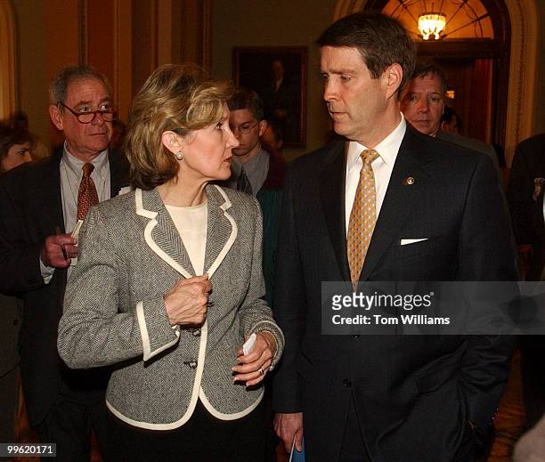 Sens. Bill Frist, R-Tenn, and Kay Bailey Hutchison, R-Texas, have a word after speaking to the press after the Senate Luncheons.