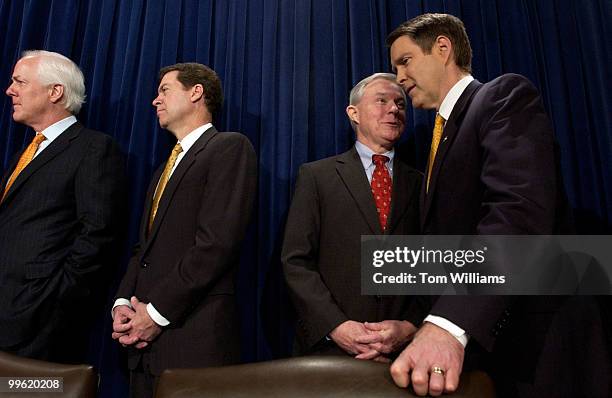 Sen. Jeff Sessions, R-Ala., speaks with Senate Majority Leader Bill Frist, R-Tenn., right, during a news conference on confirmation of Samuel Alito...