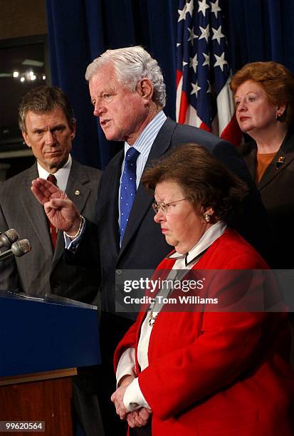 From left, Sens., Tom Daschle, D-S.D., Ted Kennedy, D-Mass., Barbara Mikulski, D-Md., Debbie Stabenow, D-Mich., and attend a a news conference...