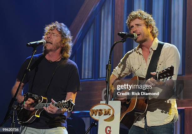 Recording Artist Sam Bush and Singer/Songwriter Dierks Bentley rehearse for the Music City Keep on Playin' benefit concert at the Ryman Auditorium on...