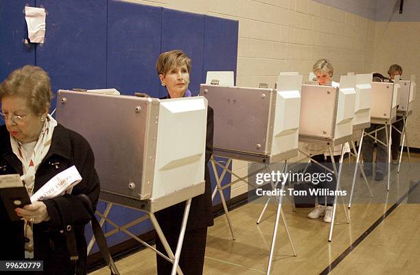 Rep. Connie Morella, R-MD, fills out her ballot at the voting center in the Walt Whitman High School in Bethesda, MD on the morning on Nov. 7.