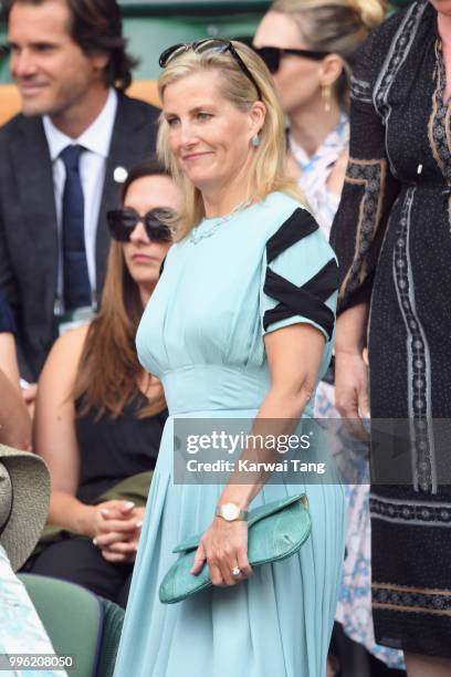 Sophie, Countess of Wessex attends day nine of the Wimbledon Tennis Championships at the All England Lawn Tennis and Croquet Club on July 11, 2018 in...
