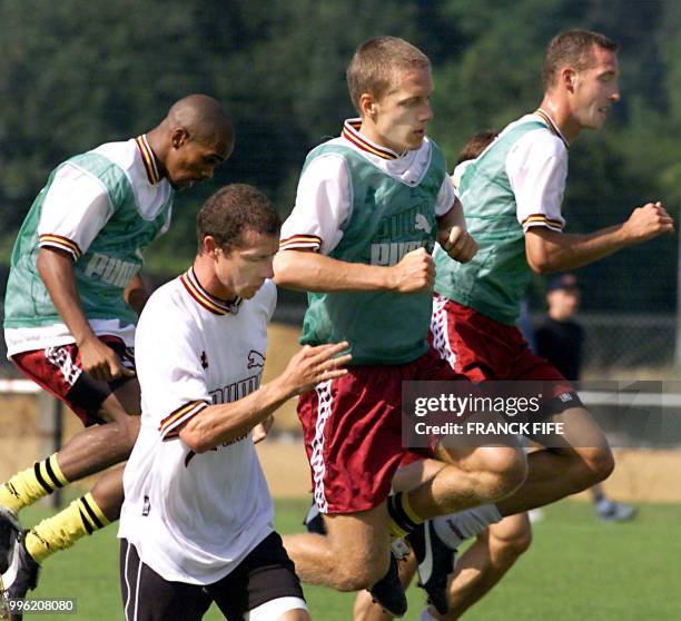 Les joueurs du FC Metz, Louis Saha, Danny Boffin, Jonathan Jager et Jeff Strasser s'entraînent, le 03 août à Metz, en vue de leur premier match du...