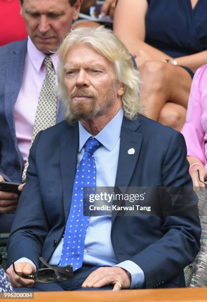 Richard Branson attends day nine of the Wimbledon Tennis Championships at the All England Lawn Tennis and Croquet Club on July 11, 2018 in London,...