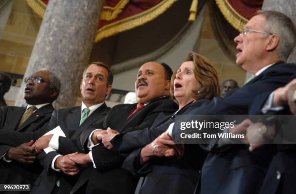 From left, House Majority Whip James Clyburn, D-S.C., House Minority Leader John Boehner, R-Ohio, Martin Luther King III, Speaker Nancy Pelosi,...