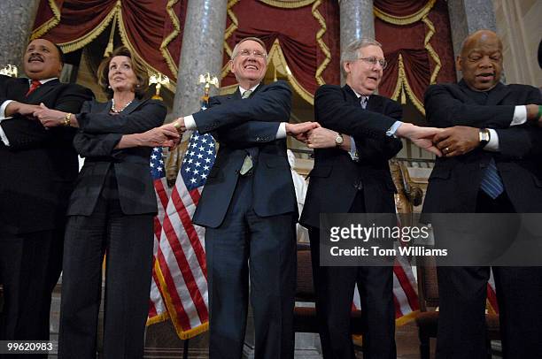 From left, Martin Luther King III, Speaker Nancy Pelosi, D-Calif., Senate Majority Leader Harry Reid, D-Nev., Senate Minority Leader Mitch McConnell,...