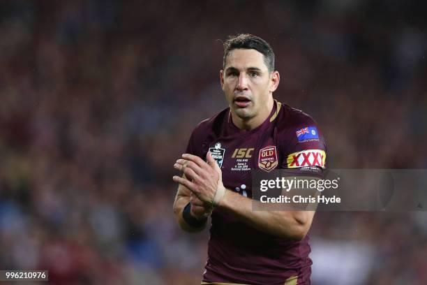 Billy Slater of the Maroons looks on during game three of the State of Origin series between the Queensland Maroons and the New South Wales Blues at...