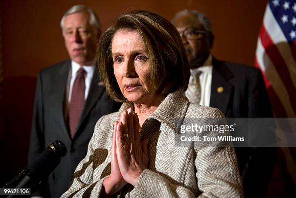 Speaker Nancy Pelosi, D-Calif., House Majority Leader Steny Hoyer, D-Md., left, and House Majority Whip James Clyburn, D-S.C., conduct a news...