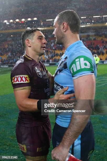 Billy Slater of Queensland and Boyd Cordner of the Blues embrace following game three of the State of Origin series between the Queensland Maroons...