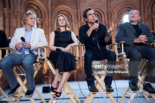 Stars of "Night at the Museum: Battle of the Smithsonian," from left, Owen Wilson, Amy Adams, Ben Stiller, and Robin Williams conduct a news...
