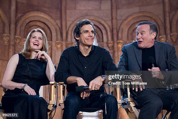 Stars of "Night at the Museum: Battle of the Smithsonian," from left, Amy Adams, Ben Stiller, and Robin Williams conduct a news conference in the...